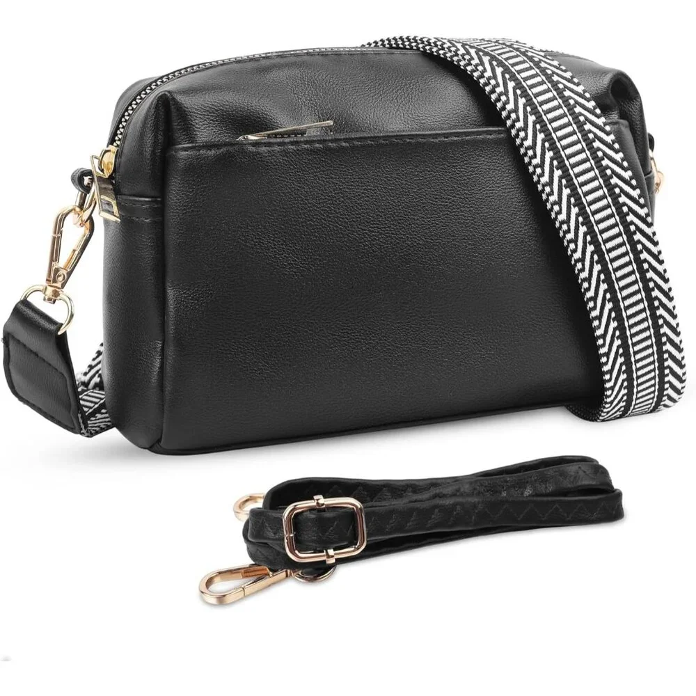 💫 Women Black Leather Cross body Purse Triple Zip Ajustable Strap Shoulder Bag